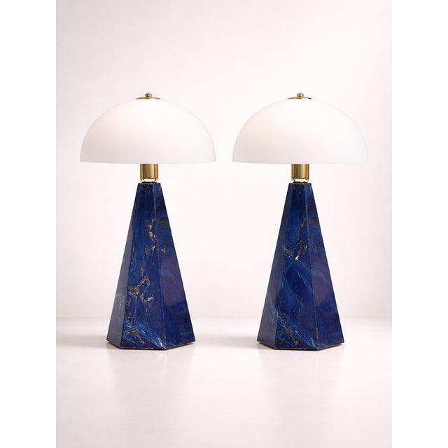 Postmodern Art Deco Revival Italian Prisma Table Lamps in Blue Marble and Opal Glass, 1990s, Set of 2 For Sale - Image 4 of 6