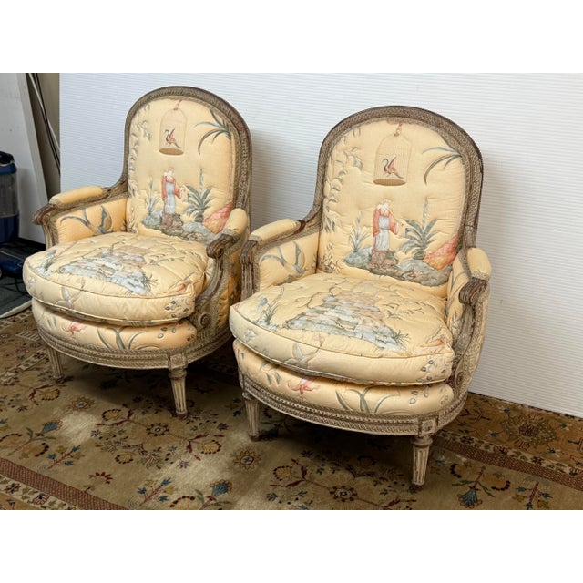 French 19th Century Delmar Chinoiserie Printed Bergere Chairs, Pair For Sale - Image 3 of 12
