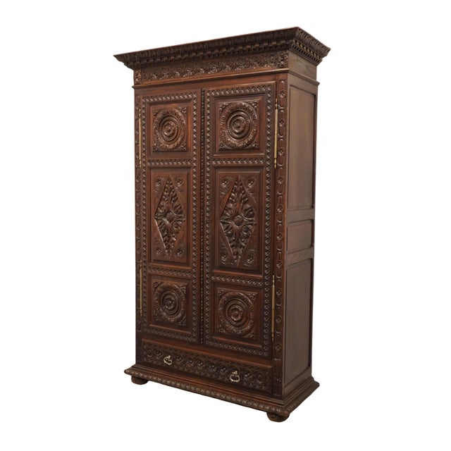 VINTAGE ANTIQUE English Walnut La Baule Escoublac Gothic Jacobean 49" Mirrored Wine Storage Bar / Cupboard 88" High 49.25"...