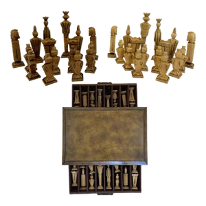 Vintage Faux Stone Chess Game Pieces With Leather Clad Storage Box