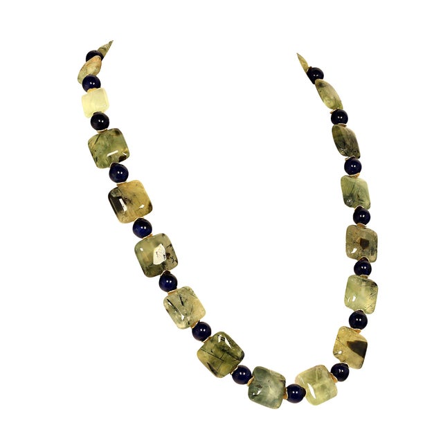 Asparagus AJD Glowing Green Brazilian Prehnite With Blue Agate Necklace For Sale - Image 8 of 10