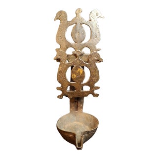 Rare 18th C Wrought Iron Double Crusie Phoebe Grease Lamp Bird Motif Folk Art For Sale