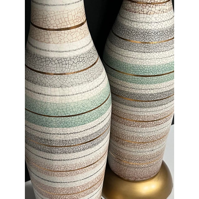 Tall Pair 1960s Bottle-Form Striped Ceramic Lamps With Crackle Glaze Finish For Sale In San Francisco - Image 6 of 10
