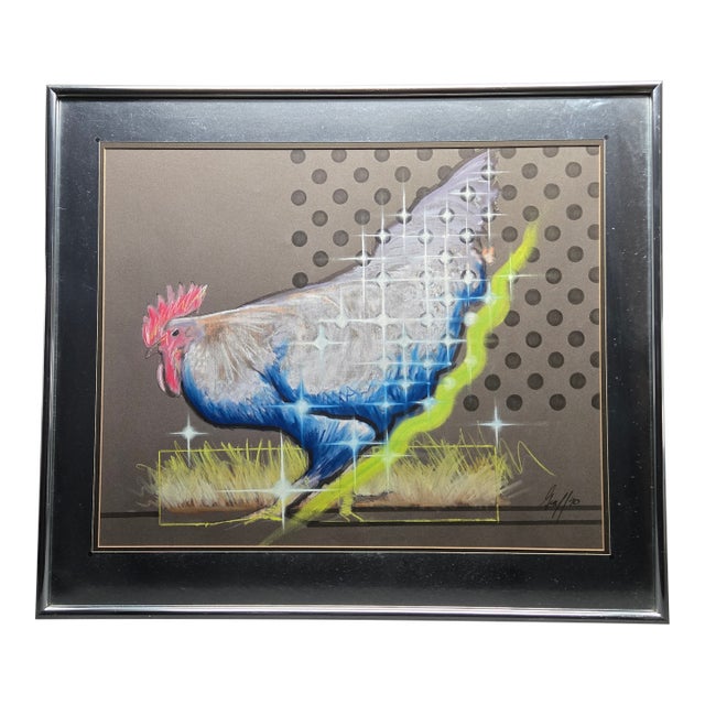 1990 Atomic Cock Rooster Chicken Pastel Painting, Framed For Sale