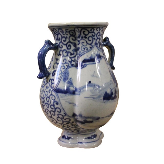 Chinese Blue White Porcelain Scenery Graphic Flower Shape Vase For Sale - Image 4 of 7