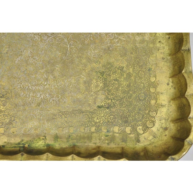 Metal Vintage Moroccan Middle Eastern Solid Brass Rectangular Engraved Tray Top For Sale - Image 7 of 11