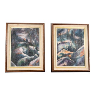 1960s Mid Century Modern Paintings Original Art Abstract Landscape Expressionist Pair For Sale
