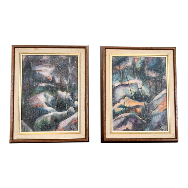 1960s Mid Century Modern Paintings Original Art Abstract Landscape Expressionist Pair For Sale
