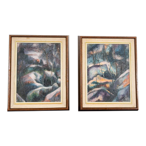 1960s Mid Century Modern Paintings Original Art Abstract Landscape Expressionist Pair