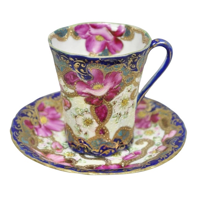 Antique Victorian Teacup & Saucer Cobalt Blue & Roses W/ Draped Gold Trim For Sale