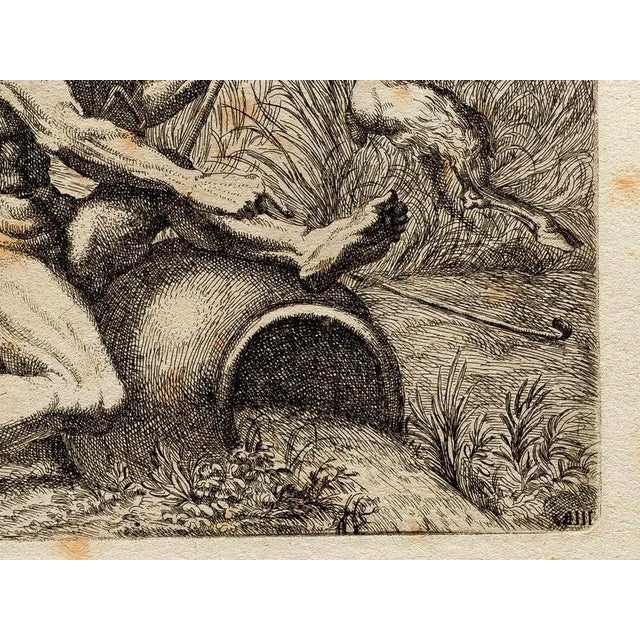Man and Satyrs is an old master artwork realized in 17th Century by Marcantonio Bellavia. Black and white etching. Good...