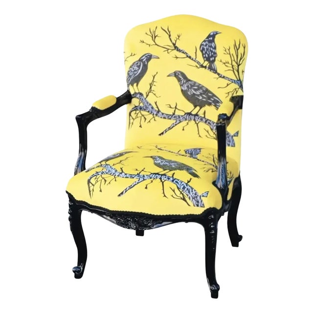 1960s Gothic Raven Crow Yellow Velvet and Embroidery Armchair For Sale