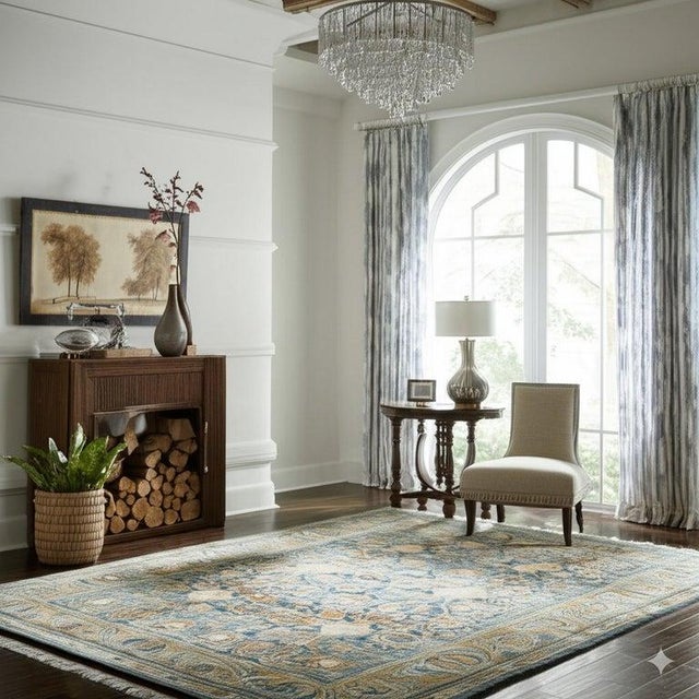 2010s 9x12 Blue Hand-Knotted Wool Faded Floral Bloom Geometric Modern Carpet Rug For Sale - Image 5 of 7