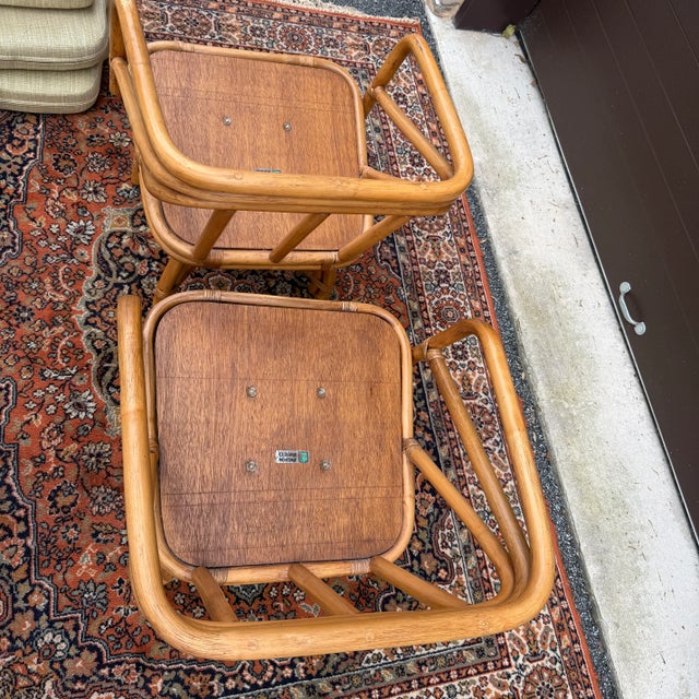 1970s Ficks Reed Mid Century Modern Bamboo / Rattan Swivel Dinette Chairs - A Pair For Sale - Image 15 of 18