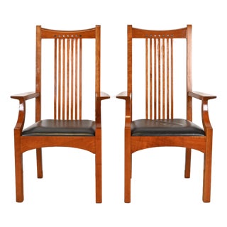 Stickley Mission Arts & Crafts Cherry Wood High Back Spindle Armchairs, Pair For Sale