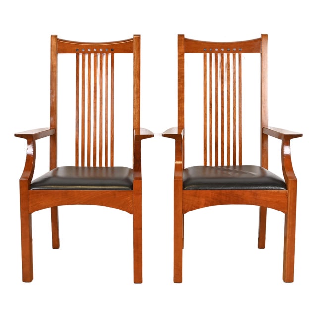 Stickley Mission Arts & Crafts Cherry Wood High Back Spindle Armchairs, Pair For Sale