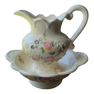 VTG 1930s British Ceramic Pitcher & Wash Basin Bowl Set Floral Rose Art Deco Era For Sale