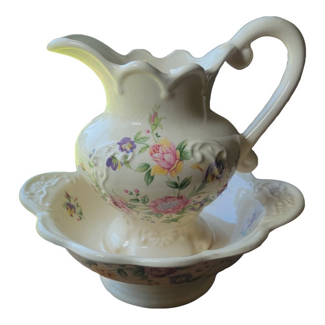 VTG 1930s British Ceramic Pitcher & Wash Basin Bowl Set Floral Rose Art Deco Era For Sale