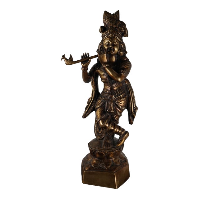 Large Vintage Bronze Krishna Playing Flute Sculpture | Intricately Detailed Indian Hindu Art Statue For Sale