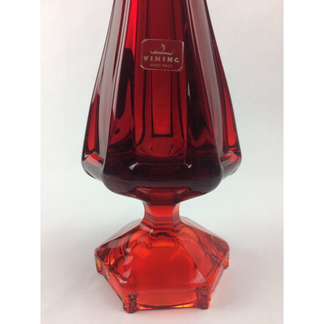 1970s Contemporary Viking Glass Epic Column Ribbed Ruby Red Swung Vase