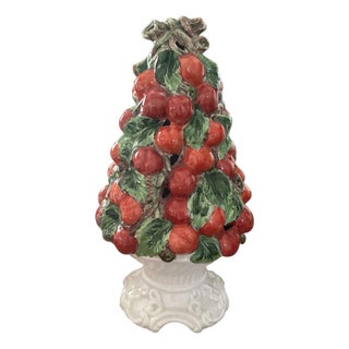 Vintage Italian Majolica Cherry Topiary / Ceramic / Trompe l'Oeil Cherries in Footed Pedestal Pot Centerpiece For Sale