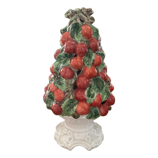 Vintage Italian Majolica Cherry Topiary / Ceramic / Trompe l'Oeil Cherries in Footed Pedestal Pot Centerpiece For Sale