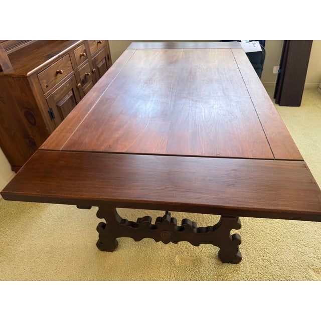 Heavily Carved Spanish Solid Oak Table With Iron Stretcher For Sale - Image 10 of 12