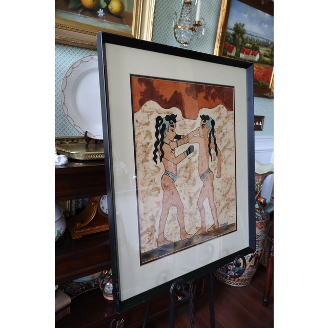 Terra Cotta 1970s Masakis Signed Batik After the Akrotiri “Boxing Children” Fresco For Sale - Image 8 of 18