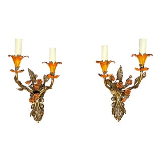Early 20th Century Attributed to Edward F. Caldwell & Co. Pair of Painted Tole Floral Wall Sconces For Sale