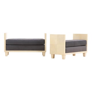 A Pair of Large Parchment Covered Upholstered Benches in the Manner of Jean-Michel Frank. Contemporary For Sale