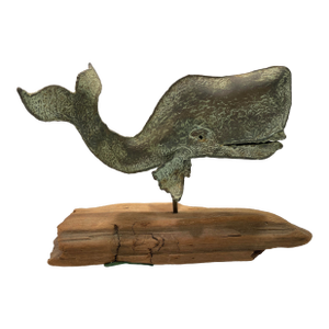 Late 20th Century Small Verdigris Copper Sperm Whale Weathervane With Driftwood Stand