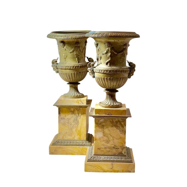French Borghese Urns on Sienna Marble Plinths - A Pair For Sale - Image 4 of 11