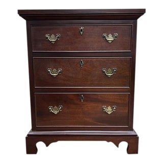1970s Craftique 3 Drawer Chippendale Style Mahogany Nightstand With Brass Pulls & Key For Sale
