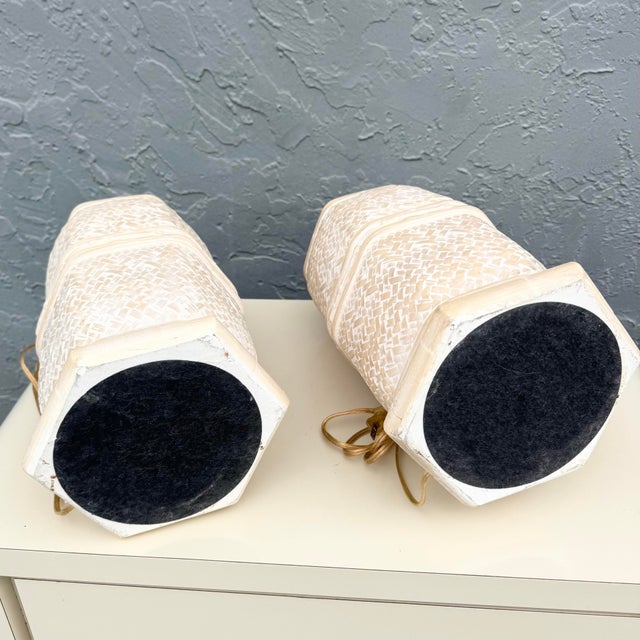 Vintage Boho Chic Ceramic Faux Bamboo and Wicker Table Lamps - A Pair For Sale In West Palm - Image 6 of 7