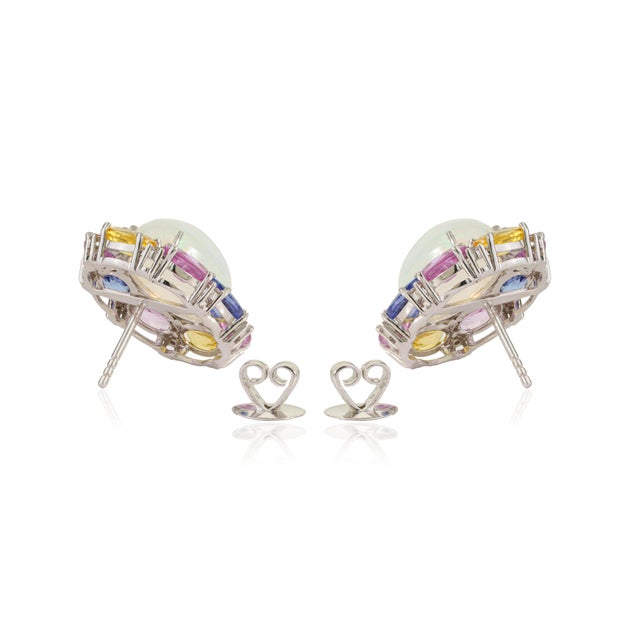 White 18k White Gold 18.2ct Opal & Multi Sapphire Cluster Stud Earrings With Diamonds- 2 Pieces For Sale - Image 8 of 15