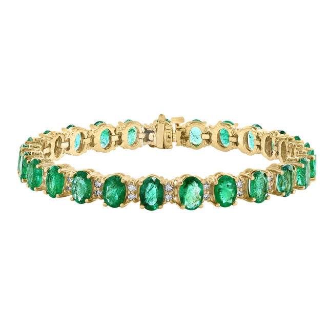 15 Carat Natural Emerald & 2.8 Carat Diamond Tennis Bracelet 14 Kt Yellow Gold For Sale - Image 9 of 18