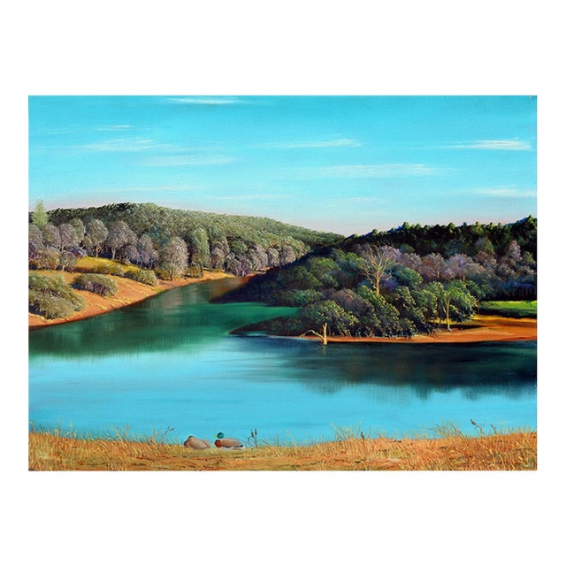 Northern California Duck Lake, Realist Landscape, Oil on Canvas, 1990s by Luke Stamos For Sale