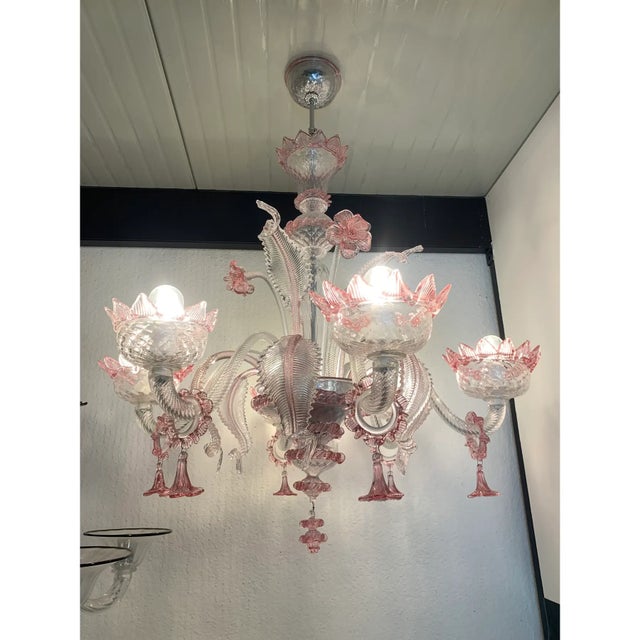 Chandelier in Transparent and Pink Murano-Style Glass With Flower and Leaf Motifs For Sale - Image 12 of 13
