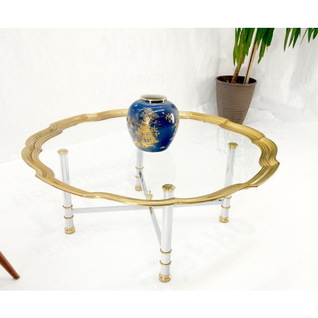Glass Top Solid Brass Trim Cross Shape Base Chrome Base Round Coffee Table For Sale - Image 4 of 12