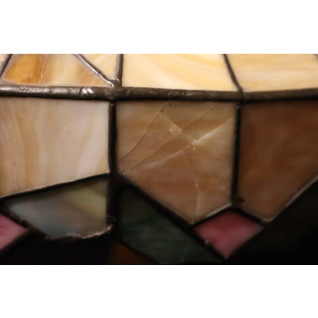 Cream Antique Arts & Crafts Leaded Glass Table Lamp With Geometric Shade For Sale - Image 8 of 9