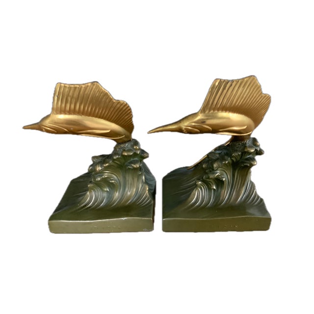 Art Deco Art Deco Vintage Jennings Bros Brass Marlin/Sailfish Bookends For Sale - Image 3 of 10