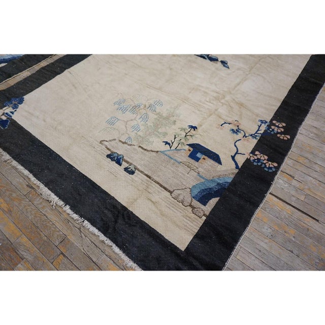 Textile 1920s Pair of Scenic Pictorial Antique Ivory Antique Chinese Art Deco Carpets For Sale - Image 7 of 9