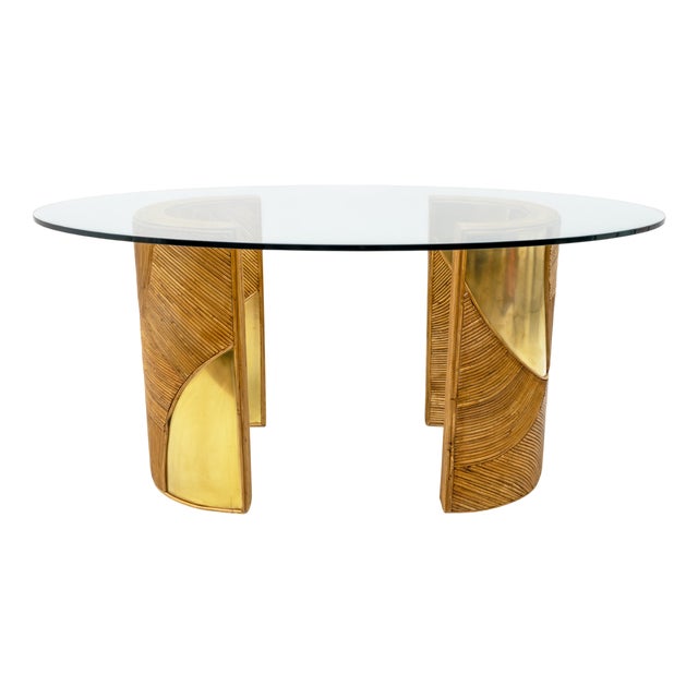 Mid-Century Modern Italian Rattan and Brass Dining Table by Vivai Del Sud, 1970s For Sale