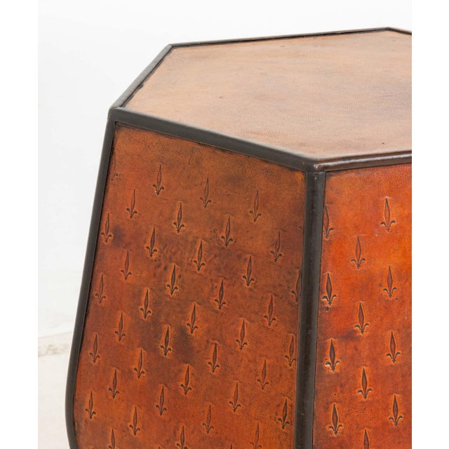Modern Fleur-De-Lys Embossed Leather Hexagonal Drum Stool For Sale - Image 3 of 5