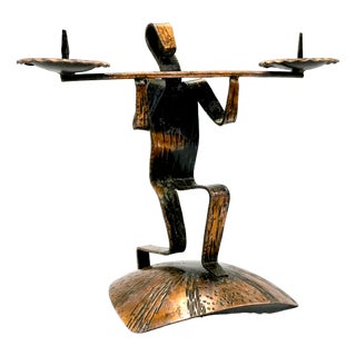 Polish Brutalist Copper Weightlifter Candleholder, 1970s For Sale