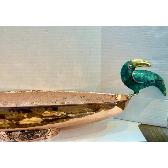 Mid-Century Modern Rare Emilia Castillo Taxco Hammered Copper Toucan Centerpiece Bowl, Signed For Sale - Image 3 of 16
