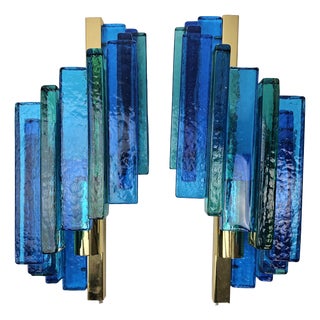 Glass Wall Lamps in Blue Colour by Svend Aage Holm Sorensen for Hazel & Teudt, 1960s, Set of 2 For Sale