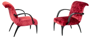 Set of American Red Velvet Damask and Wood Armchairs by Gilbert Rohde