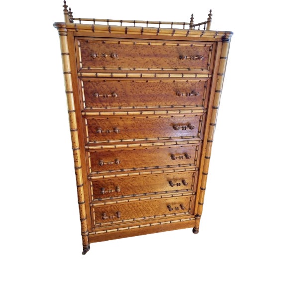 Antique Bird’s-Eye Maple Faux Bamboo Six Drawer Chest of Drawers For Sale In New York - Image 6 of 18