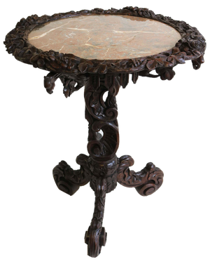 Antique 19th Century Black Forest Side / End Table in Carved Oak & Marble Top, 1870